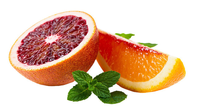 Half blood orange and a wedge with fresh green mint leaves