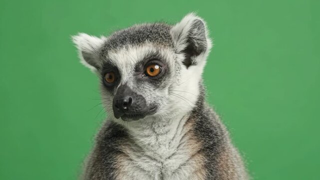 A close-up of a ring-tailed lemur against a green screen with expressive eyes, looking directly into the camera. The wild primate turns its head in a studio setting, showcasing fluffy grey fur