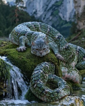 Tatzelwurm, the Cat-Headed Serpent of Alpine Folklore, Coiled by a Waterfall