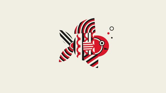 Geometric fish swim in a flat Bauhaus motion style with vibrant red and black stripes against a minimal beige backdrop, evoking retro modernism for artistic title sequences