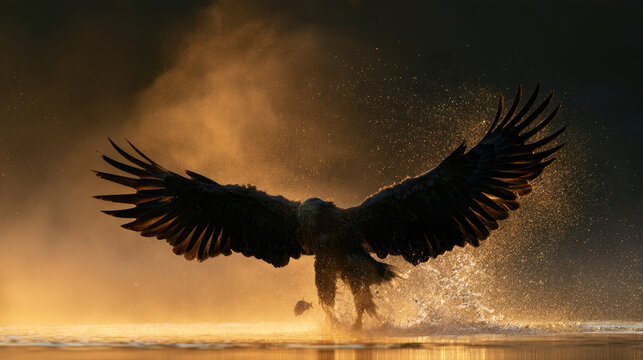 majestic wild eagle catching fish hunting prey splashing dynamic water drops in golden sunlight early morning lake landscape wild animal nature wildlife photography high speed action wing motion