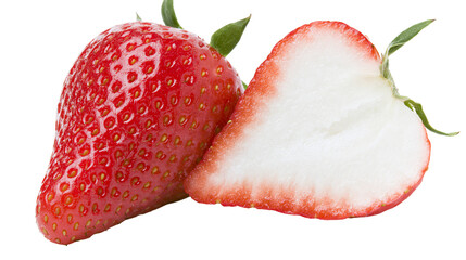 Fresh whole strawberry and a halved strawberry slice with green leaves © Stefan