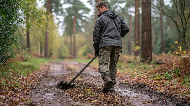 Rear view of a groundskeeper raking small stones over a muddy woodland path, wearing a dark waterproof jacket, work trousers and sturdy boots, the forest road stretching between tall trees into the 