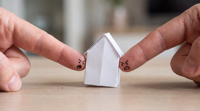 Property Dispute and Separation Symbolized by Couple Holding a House