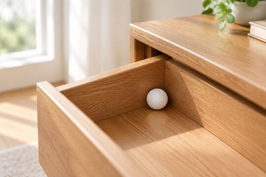 White camphor ball in open wooden drawer, home freshness and order concept.