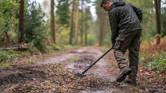 Rear view of a groundskeeper raking small stones over a muddy woodland path, wearing a dark waterproof jacket, work trousers and sturdy boots, the forest road stretching between tall trees into the 