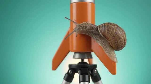 Garden snail crawling slowly on orange toy rocket on tripod, teal background