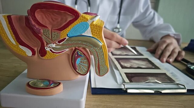 Model of male reproductive system with ultrasound images on a table 