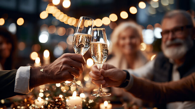 Friends raising sparkling wine glasses at a candlelit gathering