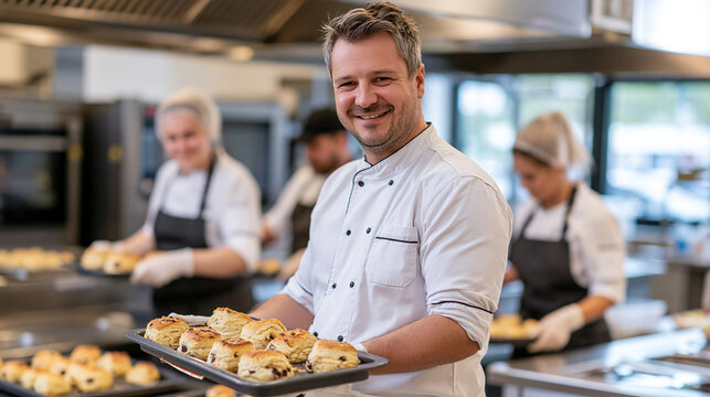 A quality control manager observing a team of kitchen employees preparing baked goods in a large industrial bakery kitchen, inspector checking production standards while workers handle trays of past