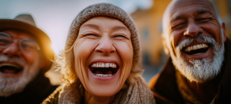 Three older friends laughing together in warm outdoor sunlight