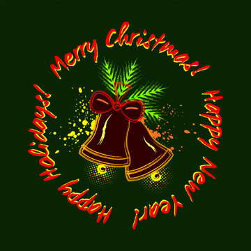 Circular emblem with festive bell, splattered paint, text. Design for Christmas, new year holiday Grunge graffiti like style in bright neon colors.