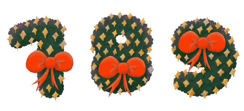 Christmas wreath-themed number 0 to 9 with decorative stars and a bow in a watercolor style.