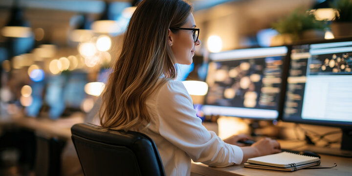 Woman working at multiple computer monitors in an open office