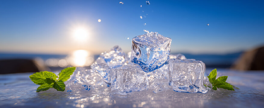 Clear ice cubes and mint leaves beside sparkling water