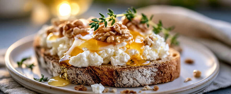 Rustic bread with soft cheese walnuts and golden honey