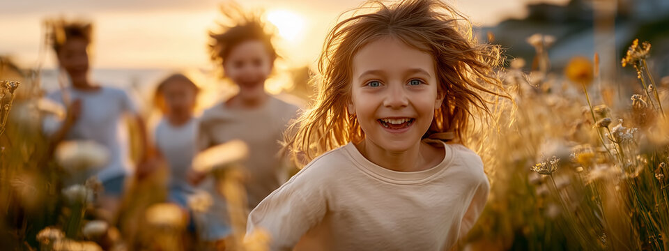 Happy child running ahead of friends through wildflower meadow