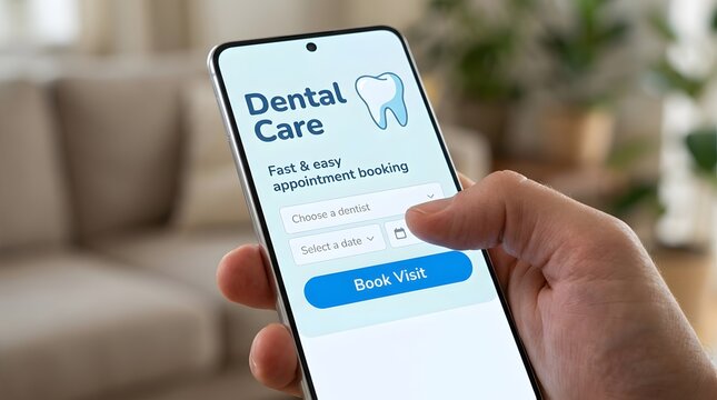 A person booking a dental appointment on a smartphone app for the concept of convenient healthcare and technology.