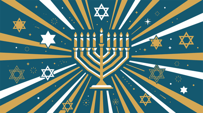 A festive hanukkah background vector illustration featuring a glowing menorah surrounded by radiant light beams and traditional jewish star symbols
