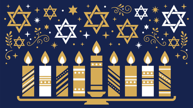 A festive hanukkah background vector illustration featuring a glowing menorah with lit candles and golden stars of david symbols