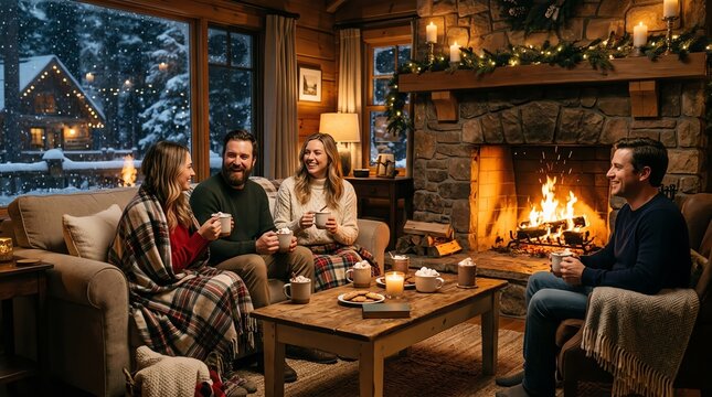 Cozy Cabin Scene With Friends Enjoying Hot Drinks By The Fireplace