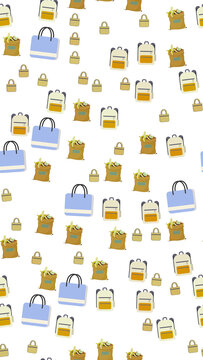 Seamless pattern of bags, backpacks, fruit sacks, and padlocks