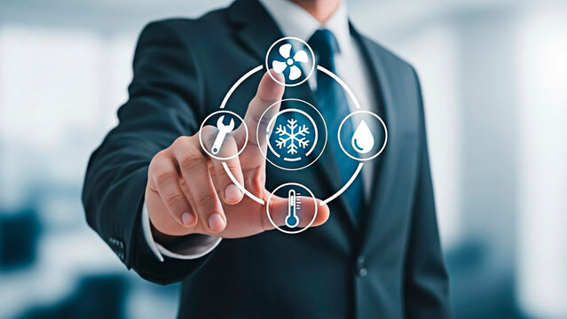 Man in a suit touching a digital interface for managing HVAC systems, representing smart technology and climate control.