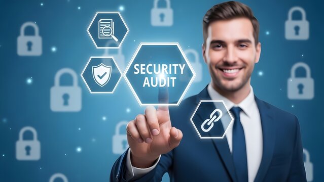 A man in a suit touches a digital interface with the words SECURITY AUDIT for the concept of cybersecurity and data protection.