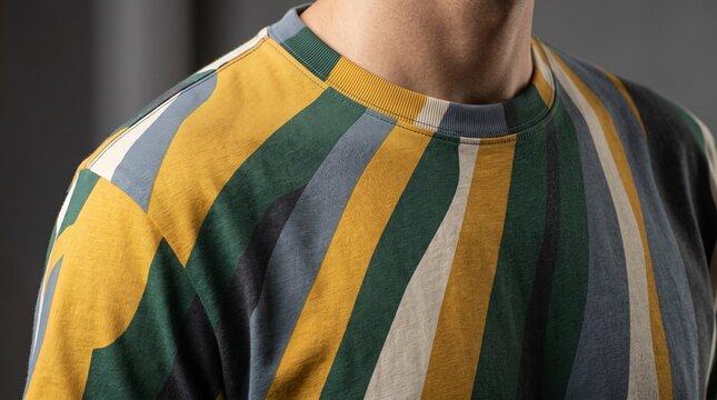 Men's striped crewneck sweater with olive yellow gray stripes on