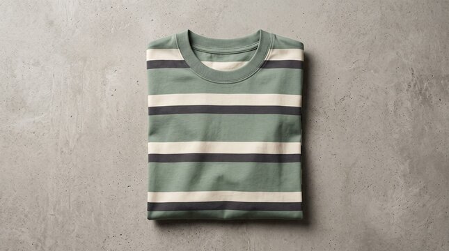Folded striped casual t-shirt with green white navy stripes on