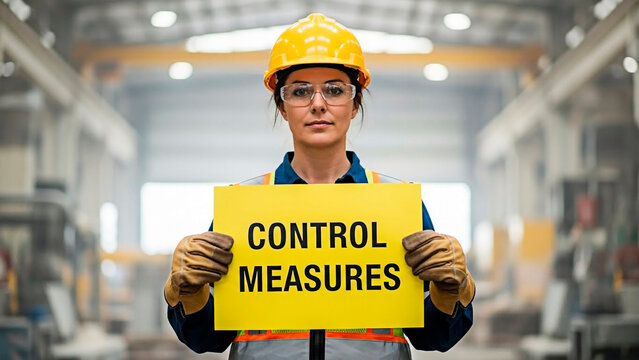 Woman worker holding a sign with the text CONTROL MEASURES in a factory for the concept of industrial safety and health.