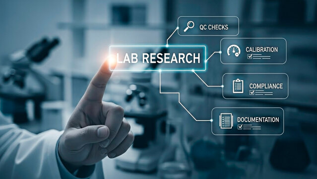 Hand touching LAB RESEARCH interface for the concept of scientific discovery and innovation.
