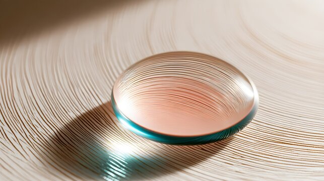 Flattened glass lentil resting on gold printed lines