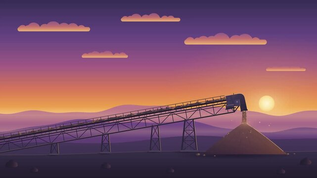 Overland Mining Conveyor System Transporting Mineral Ore at Sunset