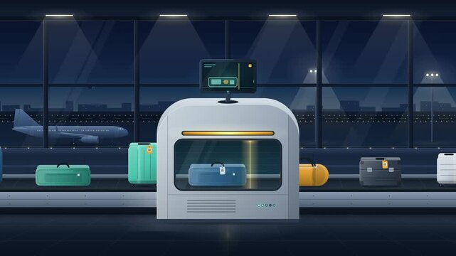Airport Baggage Security X-Ray Scanner Conveyor System at Night
