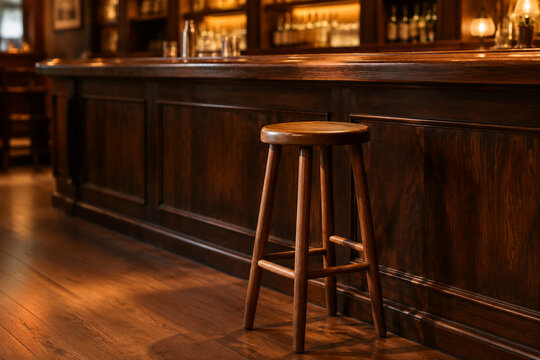 Wooden barstool in front of dark bar counter in empty room, hospitality and interior concept