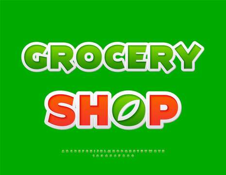 Vector Promo banner Grocery Shop with Decorative Emblem. Green Sticker style Font. Trendy set of Bright Alphabet Letters and Numbers.