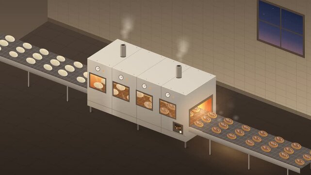 Isometric Bakery Tunnel Oven Conveyor Belt Baking Bread Loaves in Factory