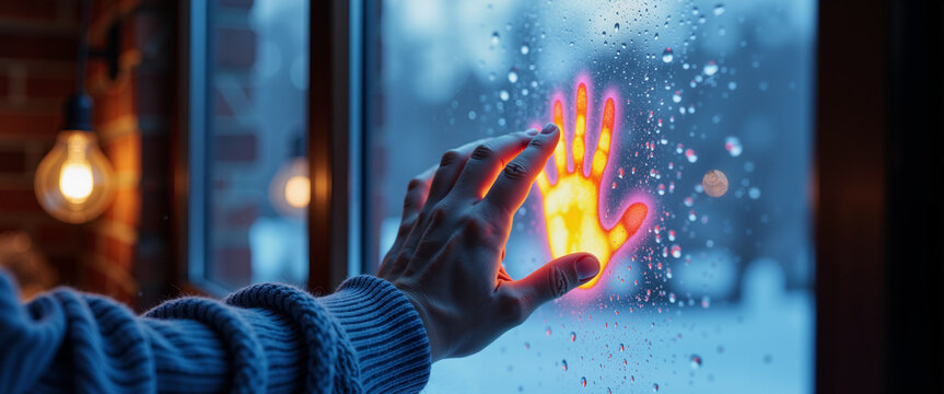 Thermographic display showing human hand against freezing pane for weatherization guides and building audits