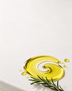 Golden liquid swirling on textured surface beside fresh green rosemary twig against neutral light