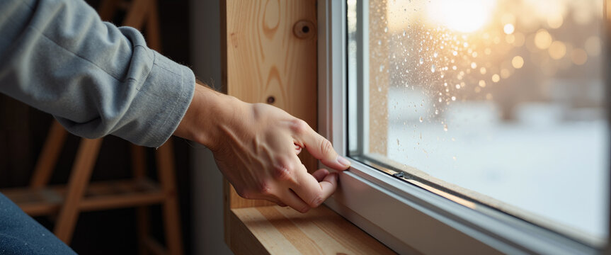 Person adding adhesive foam to glass border for do-it-yourself climate control guides and real estate upgrading presentations