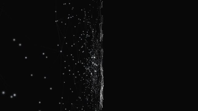 Dense network wave of interconnected glowing white nodes surges across a dark void in a dynamic 3D animation, symbolizing rapid data transformation for tech intros