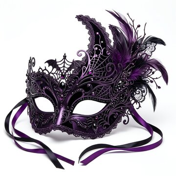Ornate Purple Venetian Masquerade Mask with Feathers and Lace