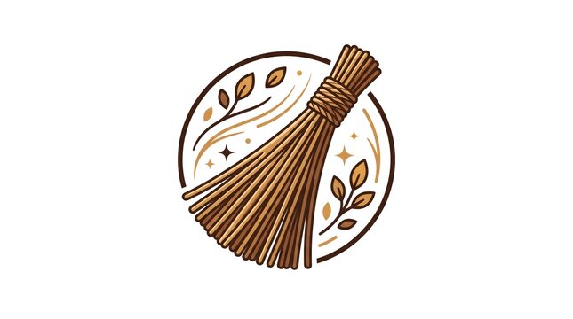 A stylized circular logo illustration featuring a traditional rustic twig broom or whisk tied with rope, decorated with organic leaves and sparkles