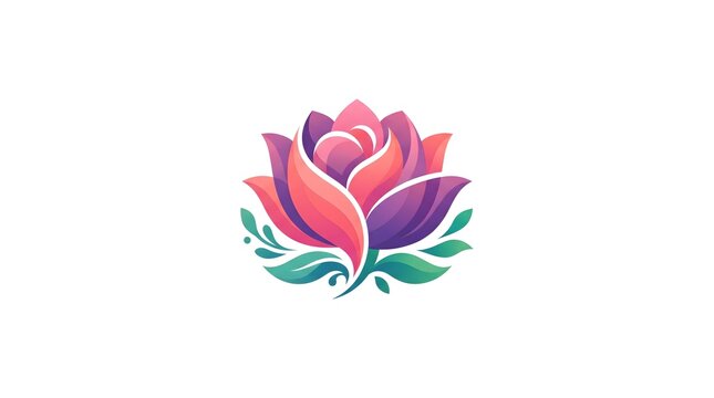 A modern and elegant vector illustration of a blooming lotus or rose flower featuring vibrant pink, purple, and orange gradient petals with green ornamental leaves