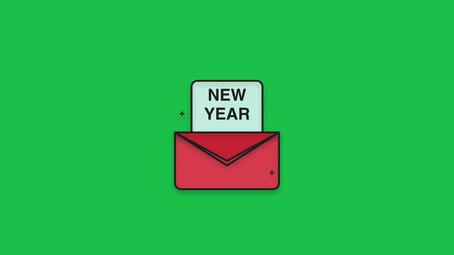 Minimalist Flat Vector Illustration of a Red Envelope Containing a Greeting Card With New Year Text on a Bright Solid Green Background