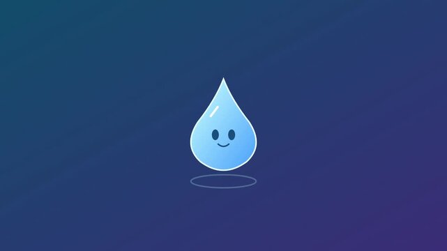 Cute blue water drop character smiling while floating gently above ground in gradient background