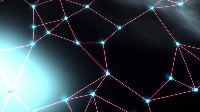 Cyan network nodes and magenta lines blaze with a brilliant lens flare in a 3D animation, symbolizing ultra high speed fiber internet for tech title sequences