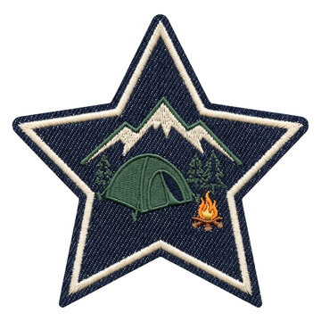 Camping tent embroidered denim star patch featuring mountain peaks and campfire for wilderness exploration and scout badge designs