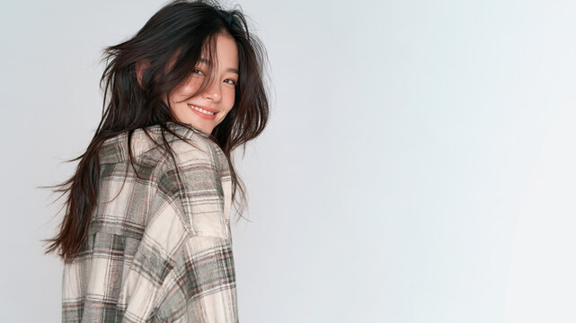 Asian girl with messy hair in oversized flannel shirt grunge style isolated on white background